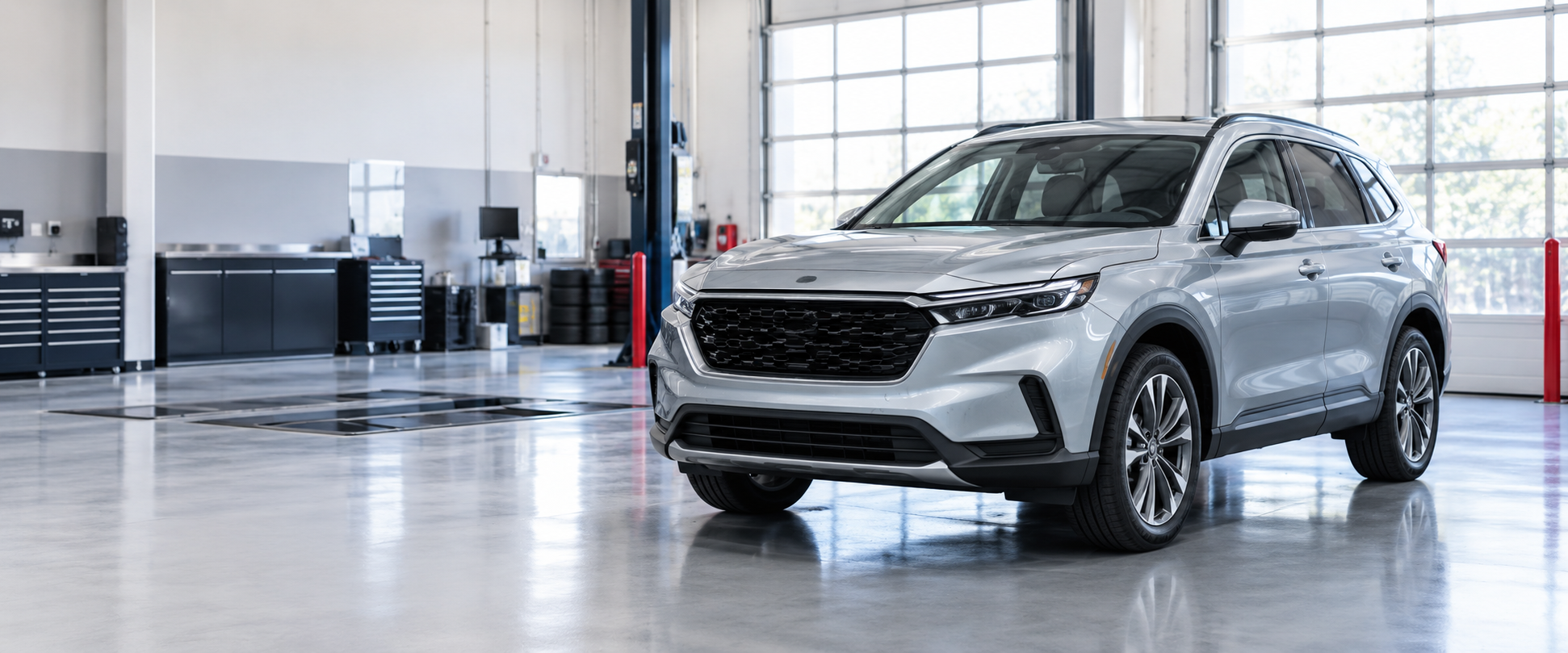 Unbranded late-model crossover in a clean vehicle inspection bay